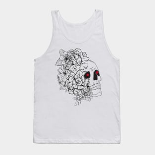 skeleton face drawn in black lines with various flowers and roses on one side Tank Top